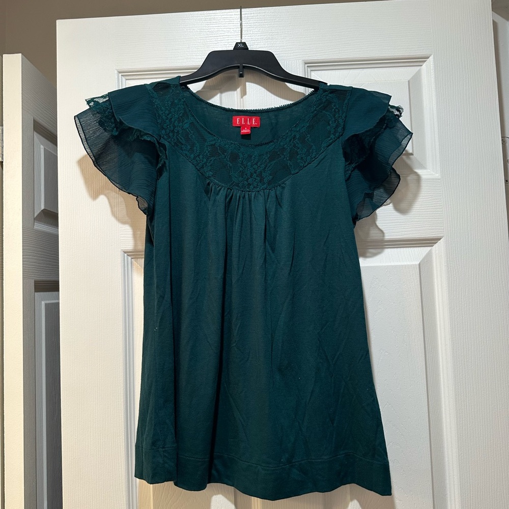 Hunter Green cotton flutter sleeve Lace Top